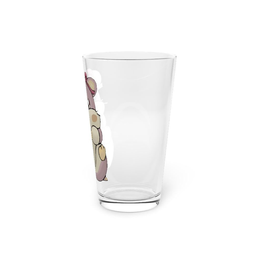 A clear 16oz Purple Hamster Pint Glass showcasing a custom printed design, perfect for beverages.