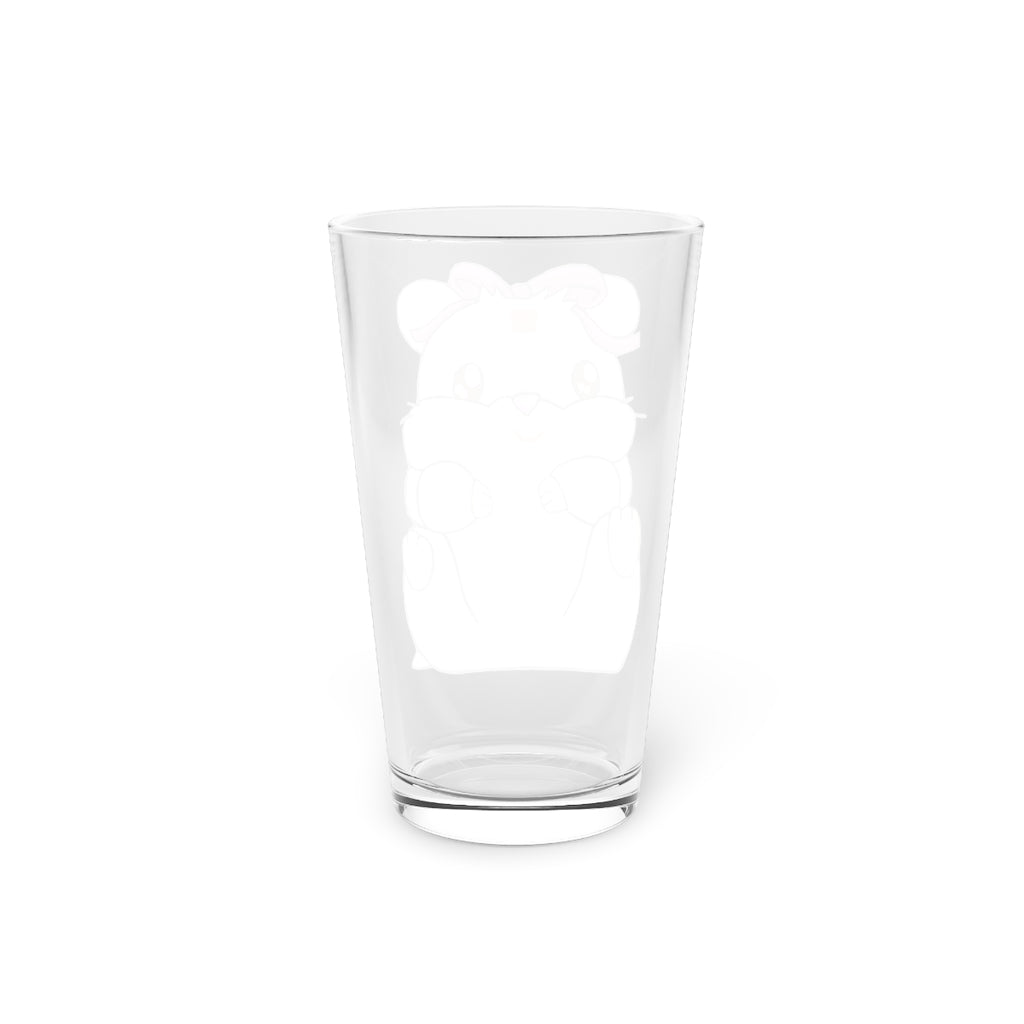 A clear 16oz Purple Hamster Pint Glass showcasing a custom printed design, perfect for beverages.