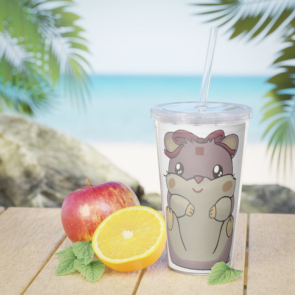 Purple Hamster Plastic Tumbler with Straw, featuring a vibrant design and double wall insulation for drinks.