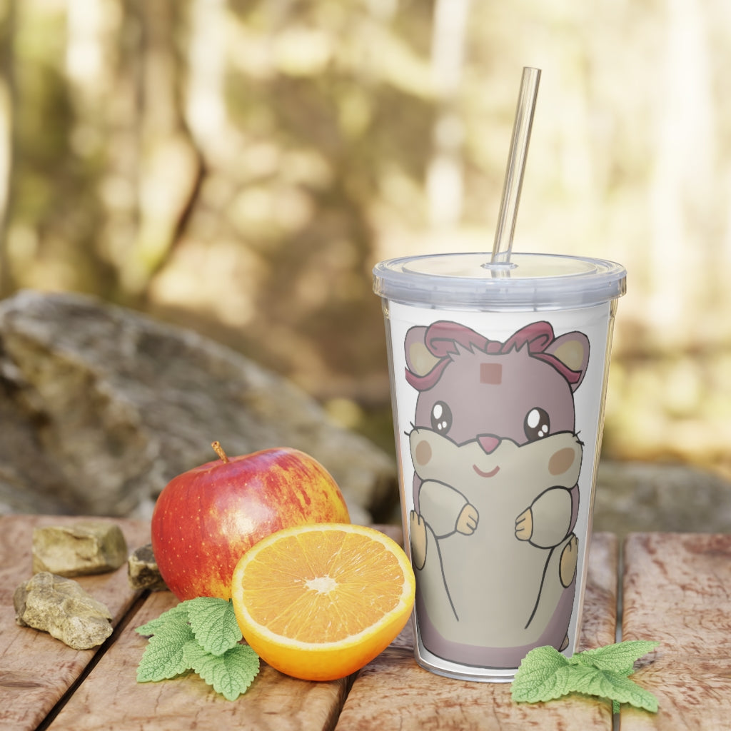 Purple Hamster Plastic Tumbler with Straw, featuring a vibrant design and double wall insulation for drinks.