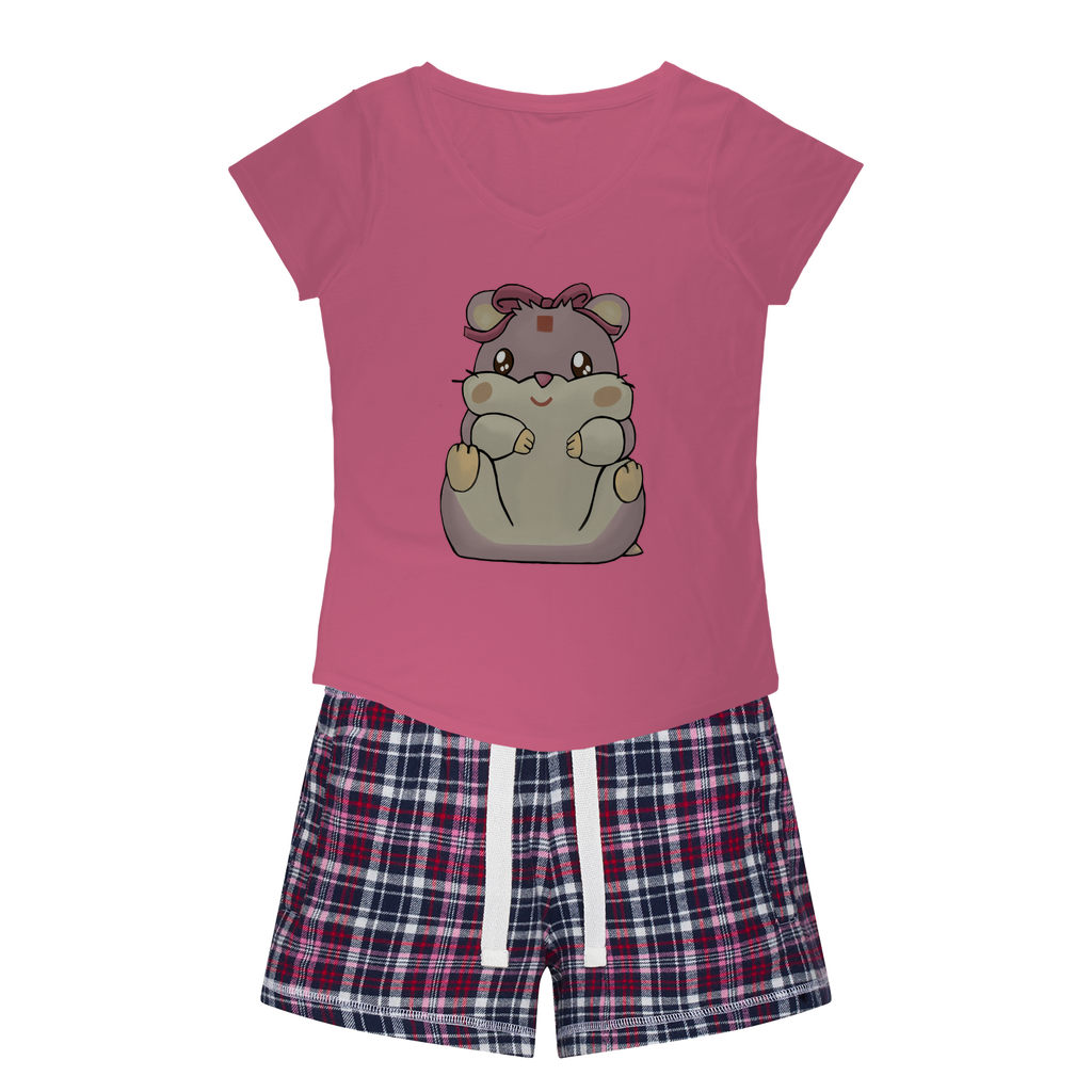 Purple Hamster Women's Sleepy Tee and Flannel Short set featuring a relaxed fit T-shirt and vibrant flannel shorts, perfect for cozy nights.
