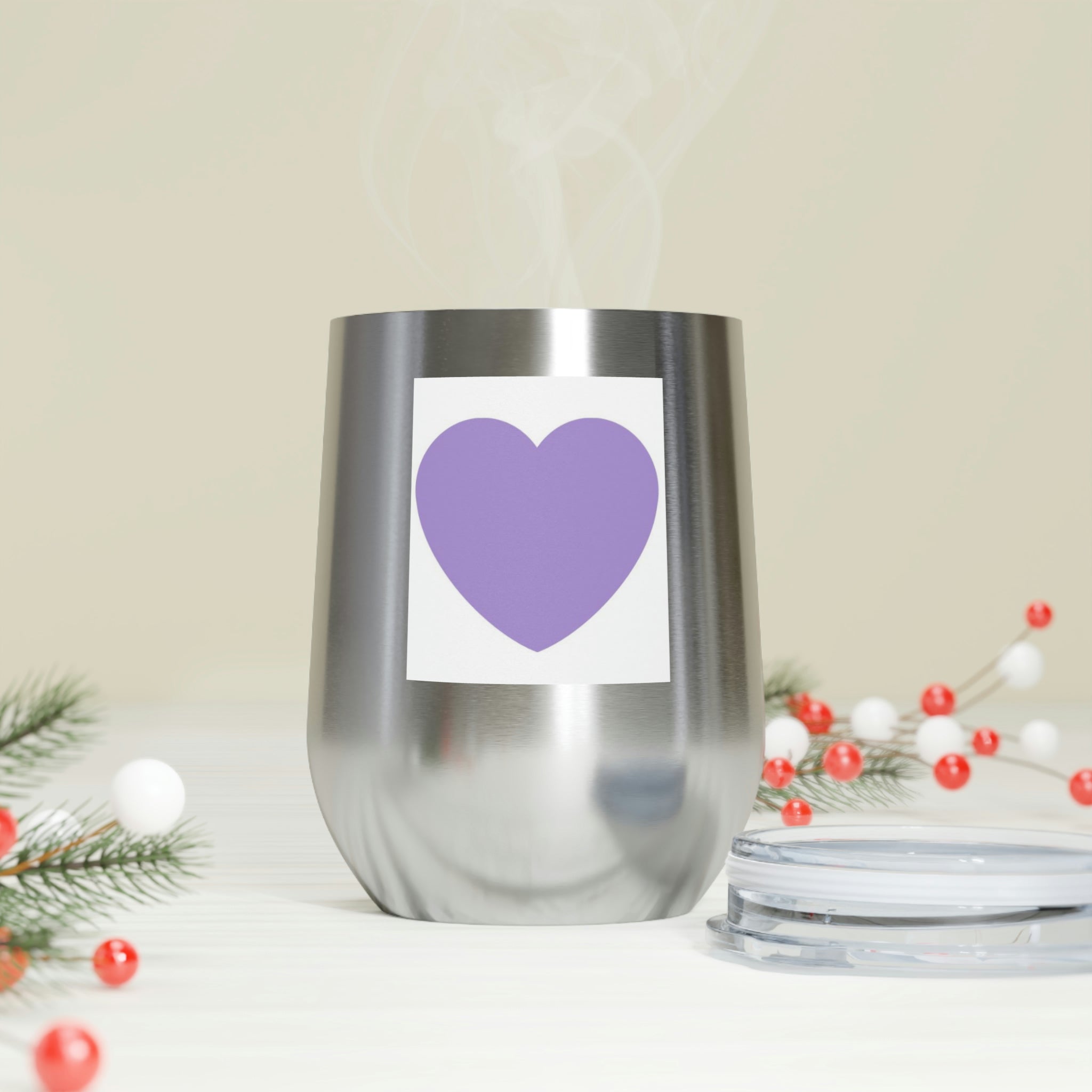 Purple Heart Wine Tumbler with clear lid, showcasing its stylish design and double insulation features.