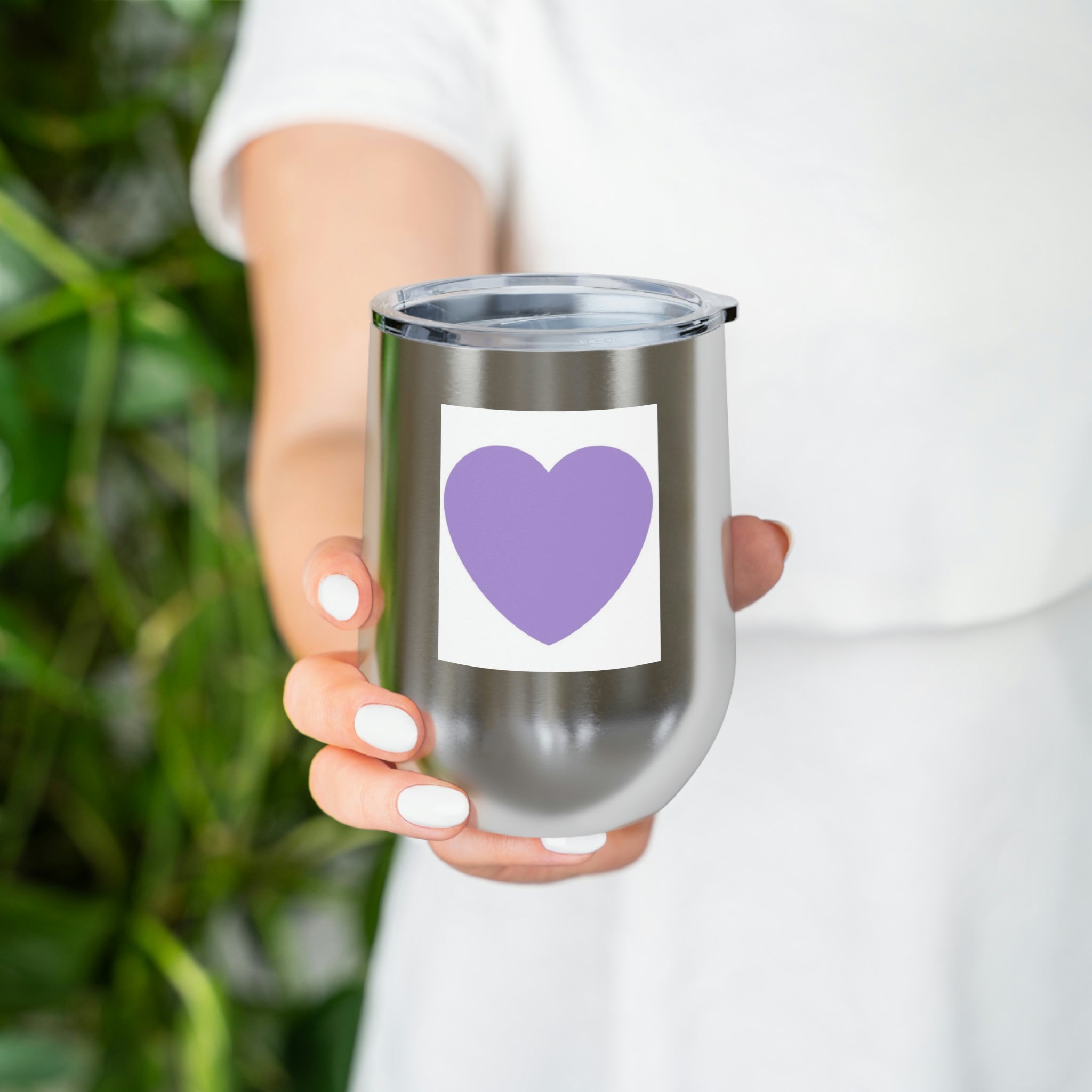 Purple Heart Wine Tumbler with clear lid, showcasing its stylish design and double insulation features.