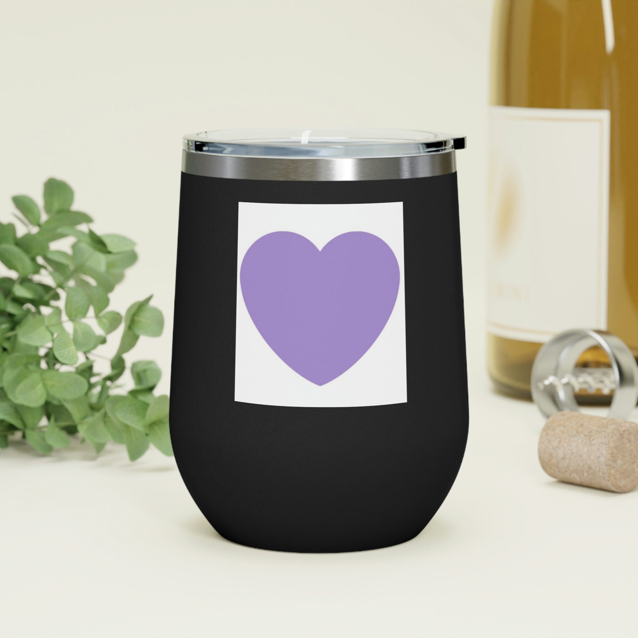 Purple Heart Wine Tumbler with clear lid, showcasing its stylish design and double insulation features.