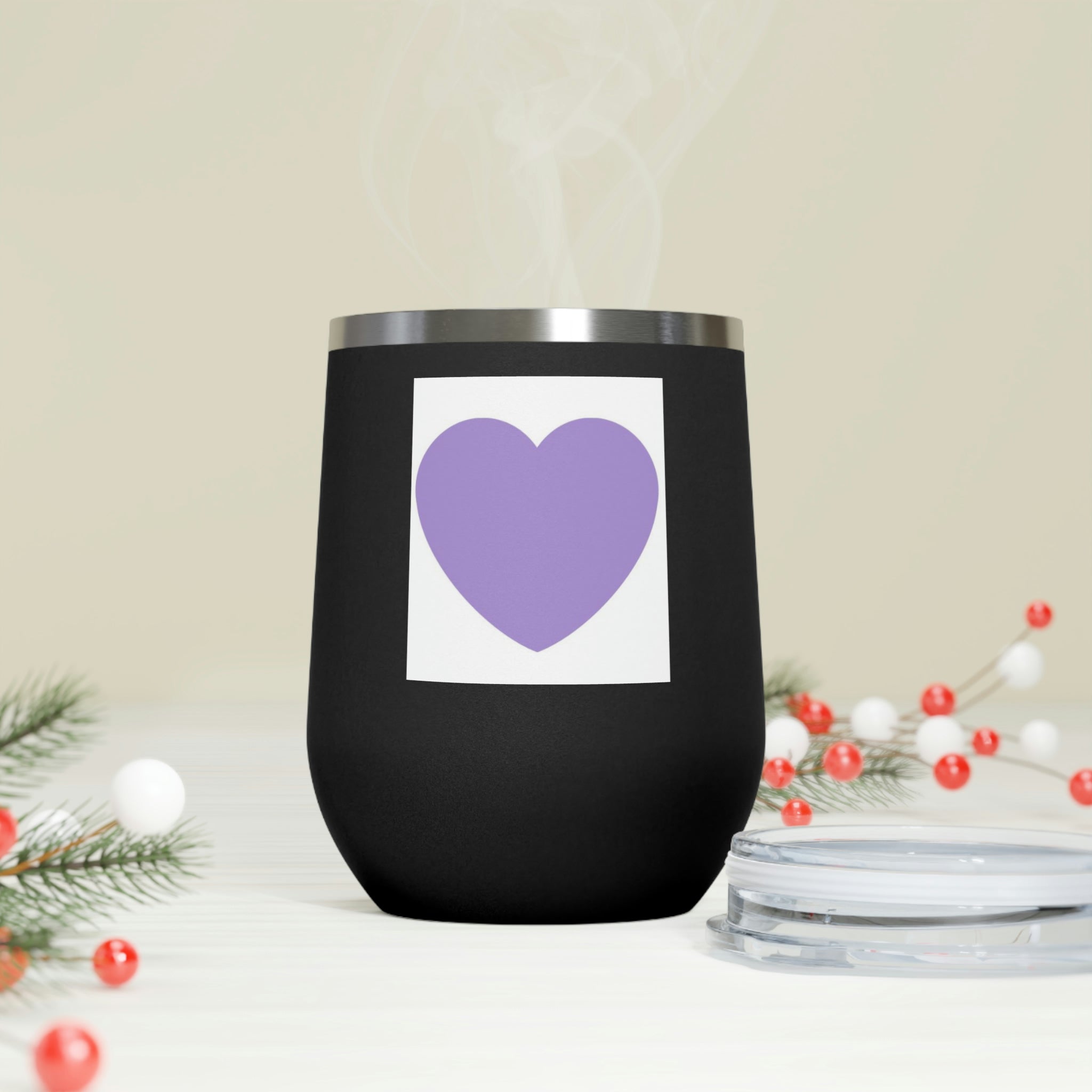 Purple Heart Wine Tumbler with clear lid, showcasing its stylish design and double insulation features.