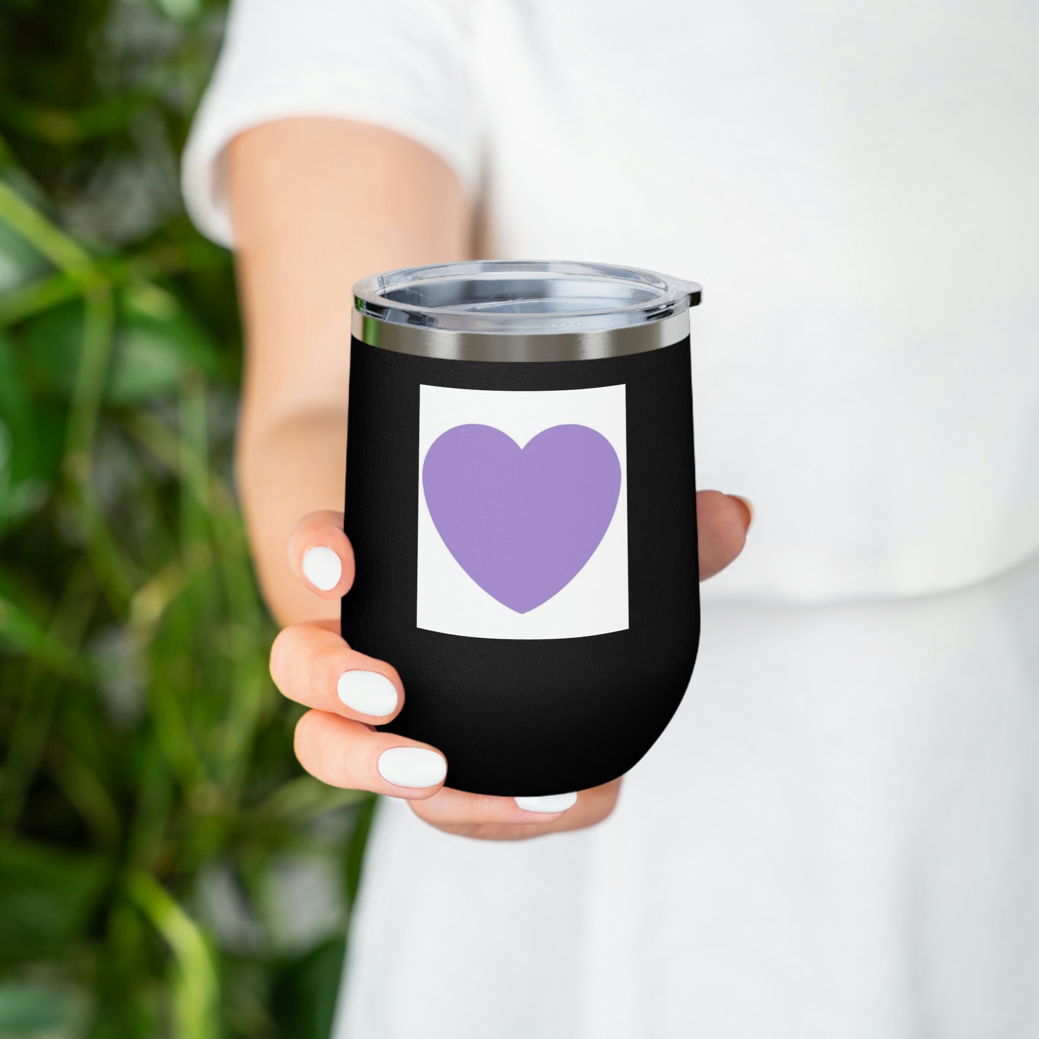 Purple Heart Wine Tumbler with clear lid, showcasing its stylish design and double insulation features.