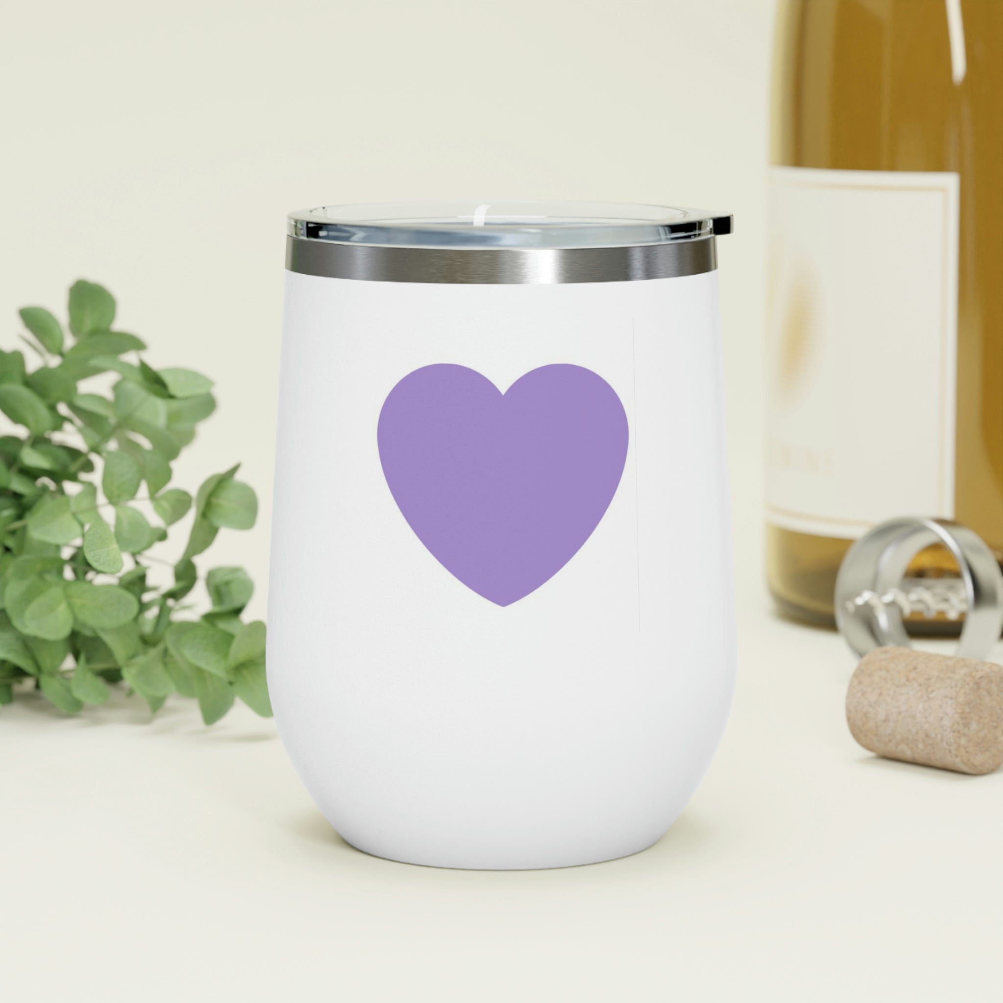 Purple Heart Wine Tumbler with clear lid, showcasing its stylish design and double insulation features.