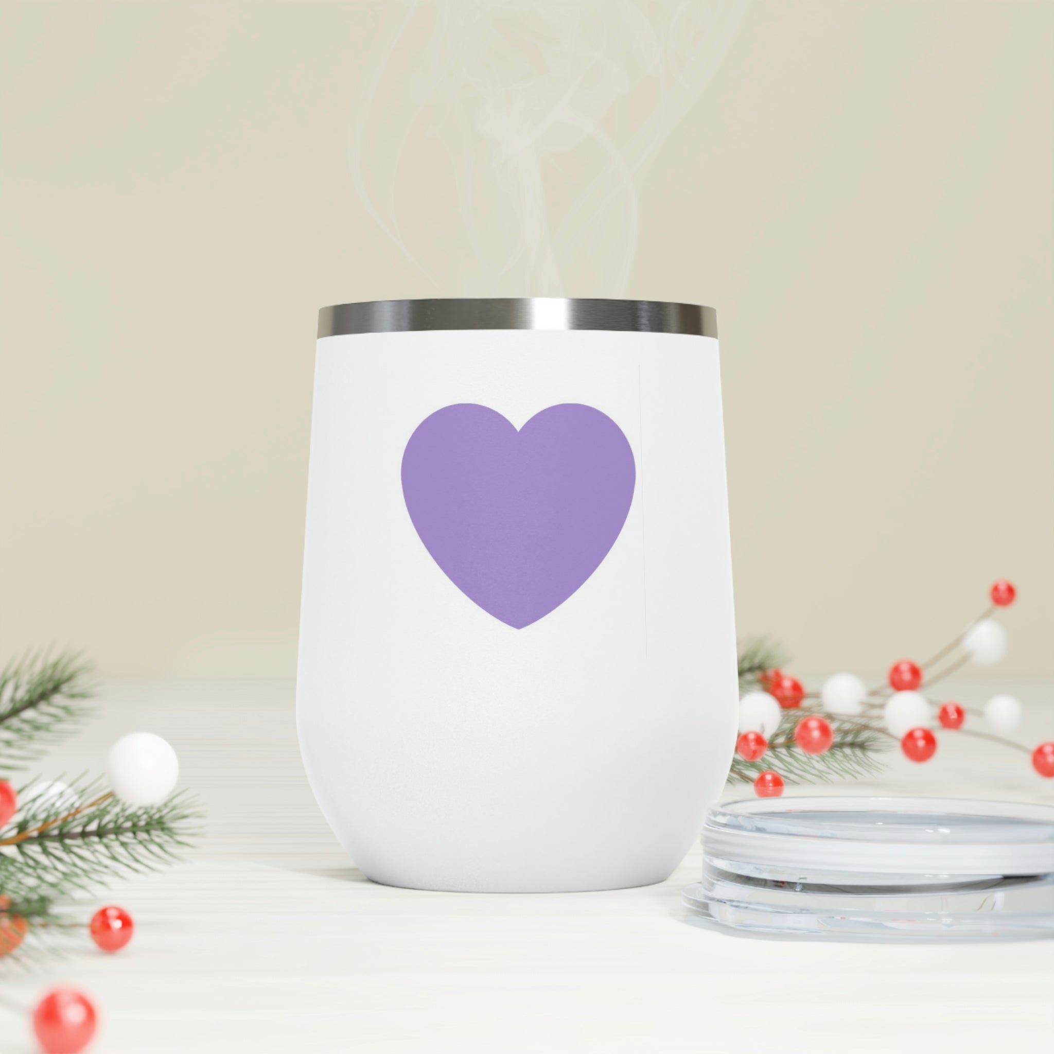 Purple Heart Wine Tumbler with clear lid, showcasing its stylish design and double insulation features.