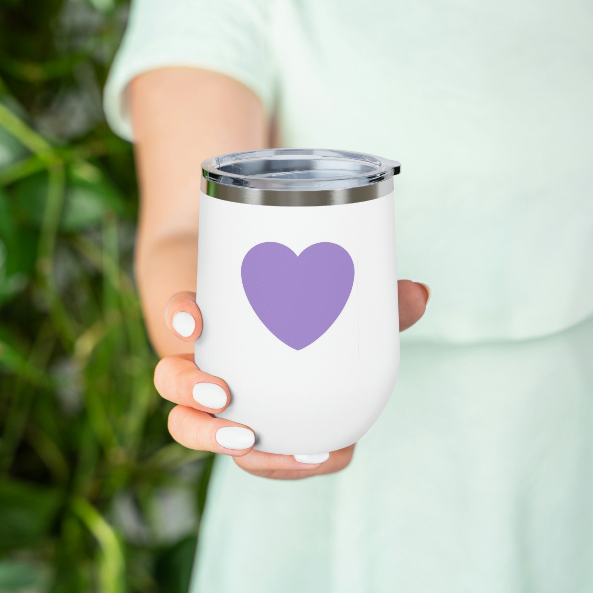 Purple Heart Wine Tumbler with clear lid, showcasing its stylish design and double insulation features.