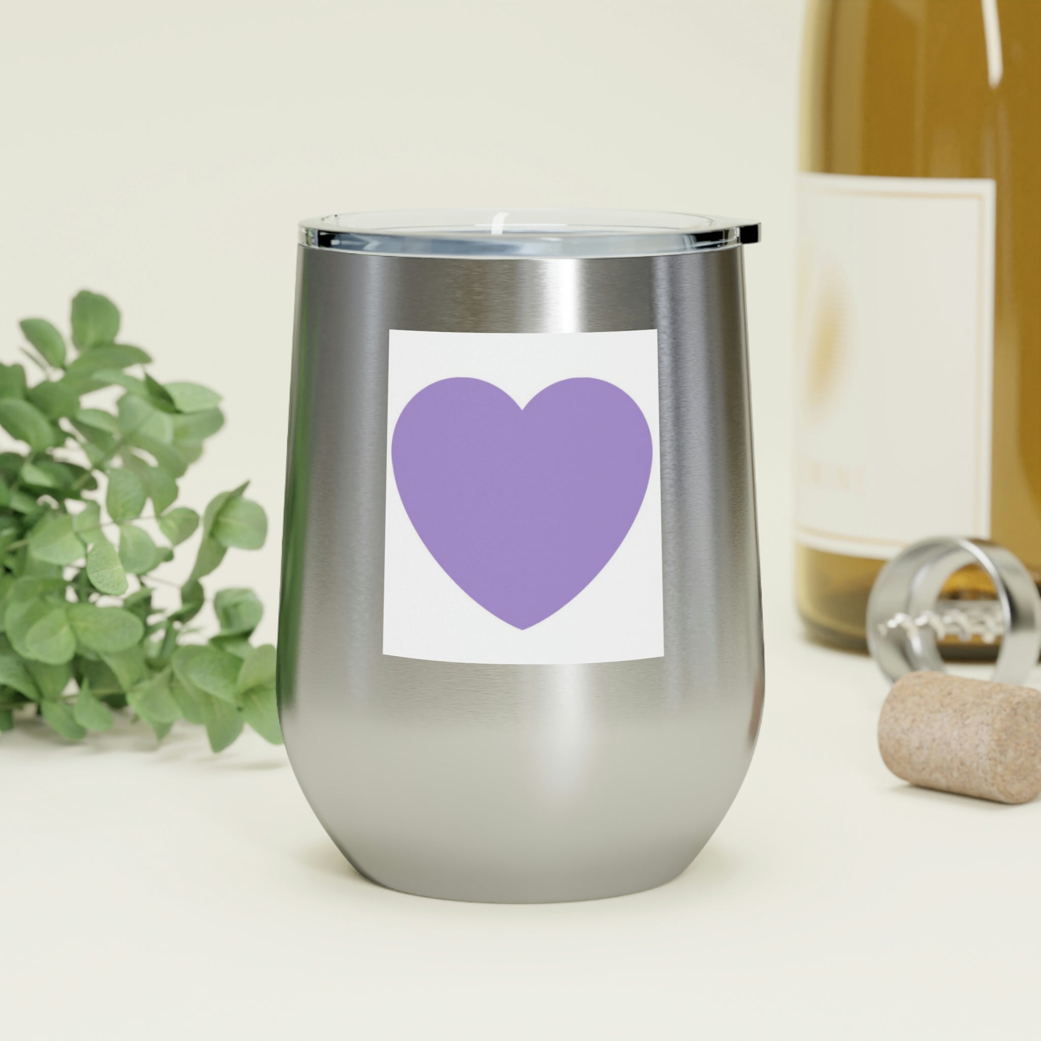 Purple Heart Wine Tumbler with clear lid, showcasing its stylish design and double insulation features.