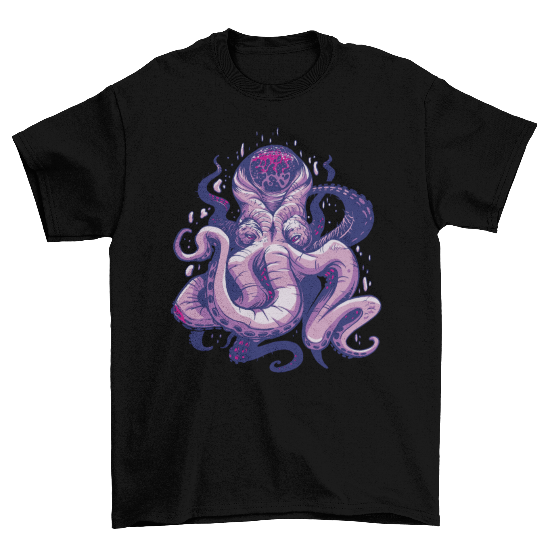 A stylish purple t-shirt featuring a detailed kraken design, showcasing its tentacles and fierce expression.