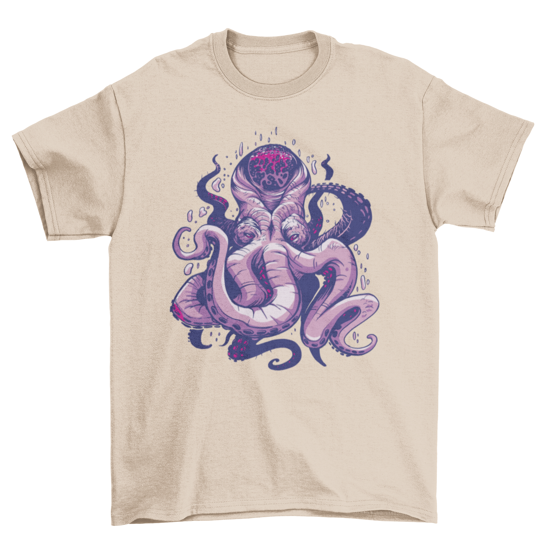 A stylish purple t-shirt featuring a detailed kraken design, showcasing its tentacles and fierce expression.