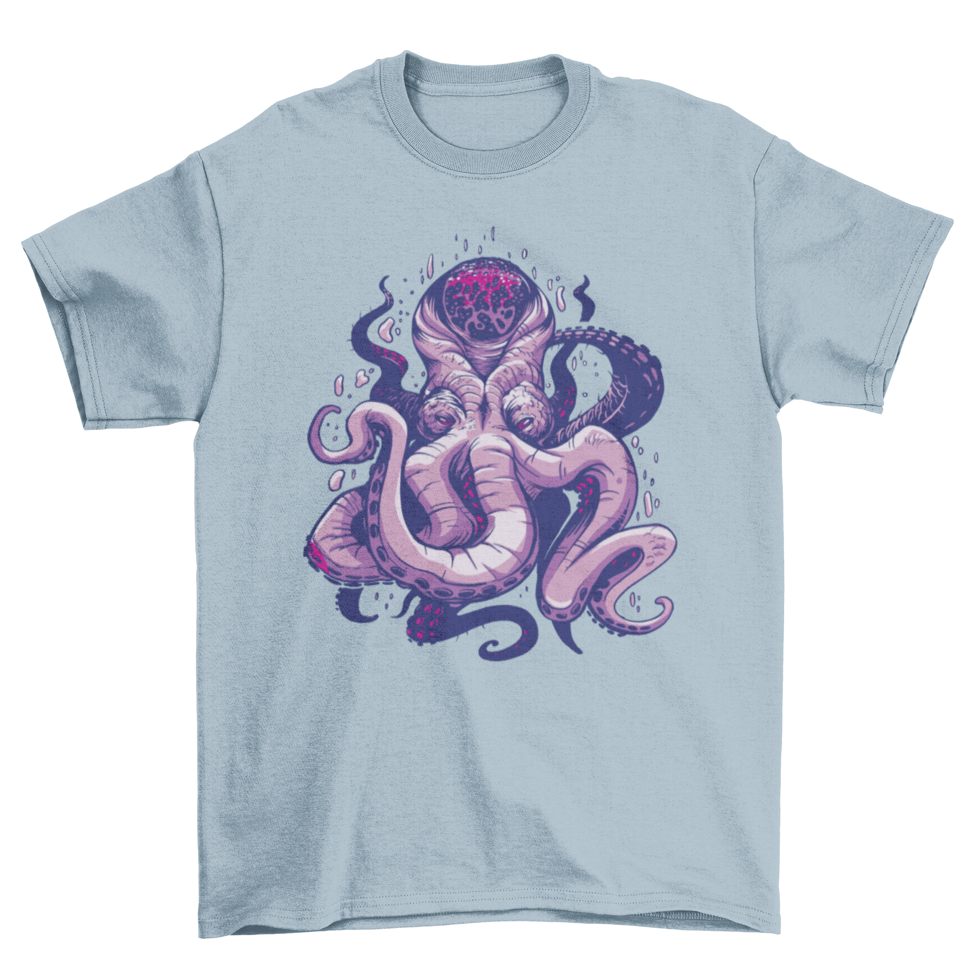 A stylish purple t-shirt featuring a detailed kraken design, showcasing its tentacles and fierce expression.