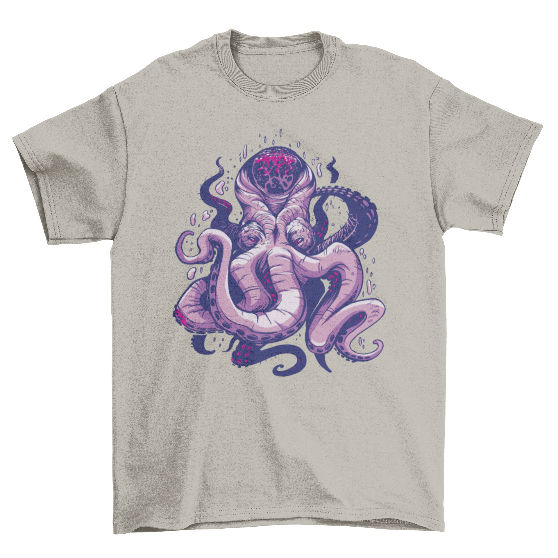 A stylish purple t-shirt featuring a detailed kraken design, showcasing its tentacles and fierce expression.