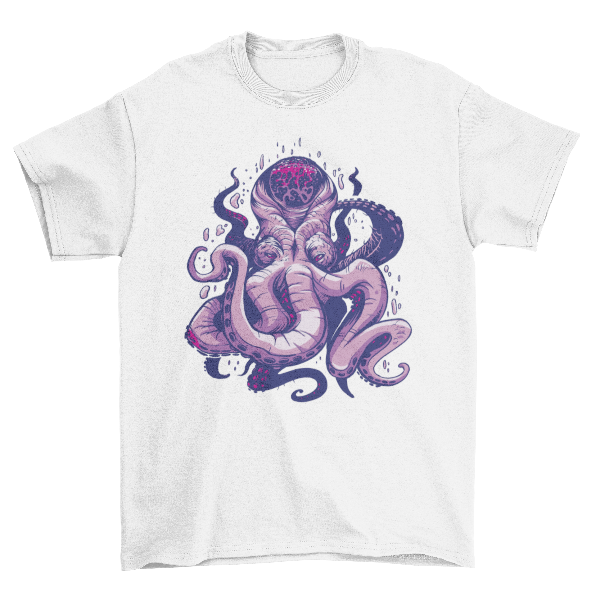 A stylish purple t-shirt featuring a detailed kraken design, showcasing its tentacles and fierce expression.