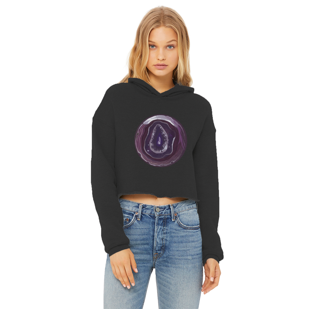 Purple Rock Ladies Cropped Raw Edge Hoodie featuring a stylish cropped design and raw edge hem, made from soft cotton faced fabric.