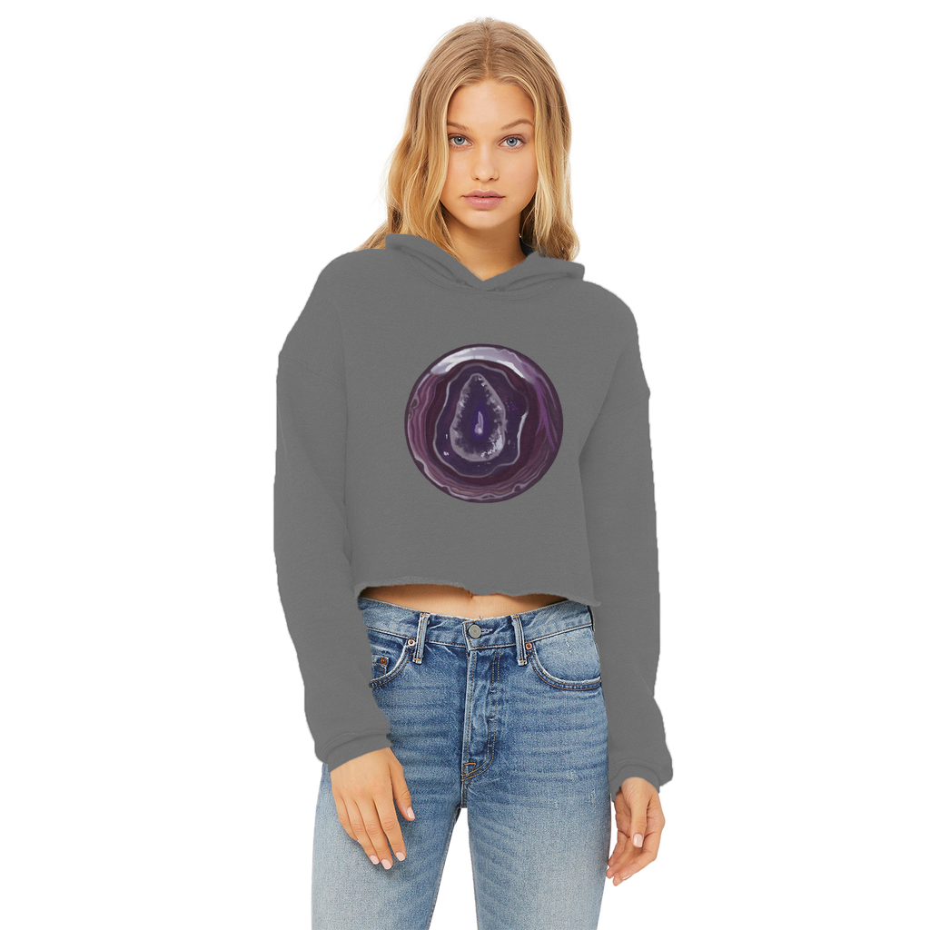 Purple Rock Ladies Cropped Raw Edge Hoodie featuring a stylish cropped design and raw edge hem, made from soft cotton faced fabric.