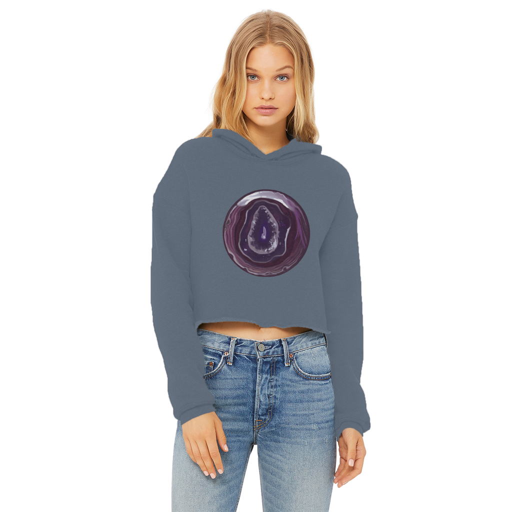 Purple Rock Ladies Cropped Raw Edge Hoodie featuring a stylish cropped design and raw edge hem, made from soft cotton faced fabric.
