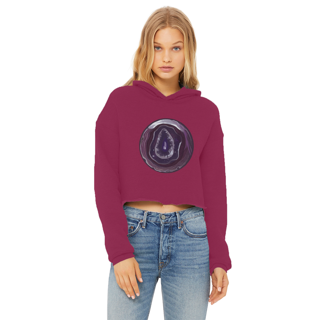 Purple Rock Ladies Cropped Raw Edge Hoodie featuring a stylish cropped design and raw edge hem, made from soft cotton faced fabric.