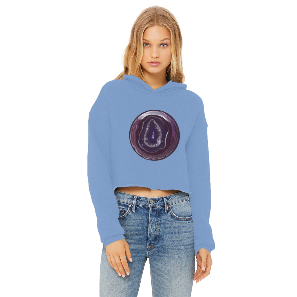 Purple Rock Ladies Cropped Raw Edge Hoodie featuring a stylish cropped design and raw edge hem, made from soft cotton faced fabric.