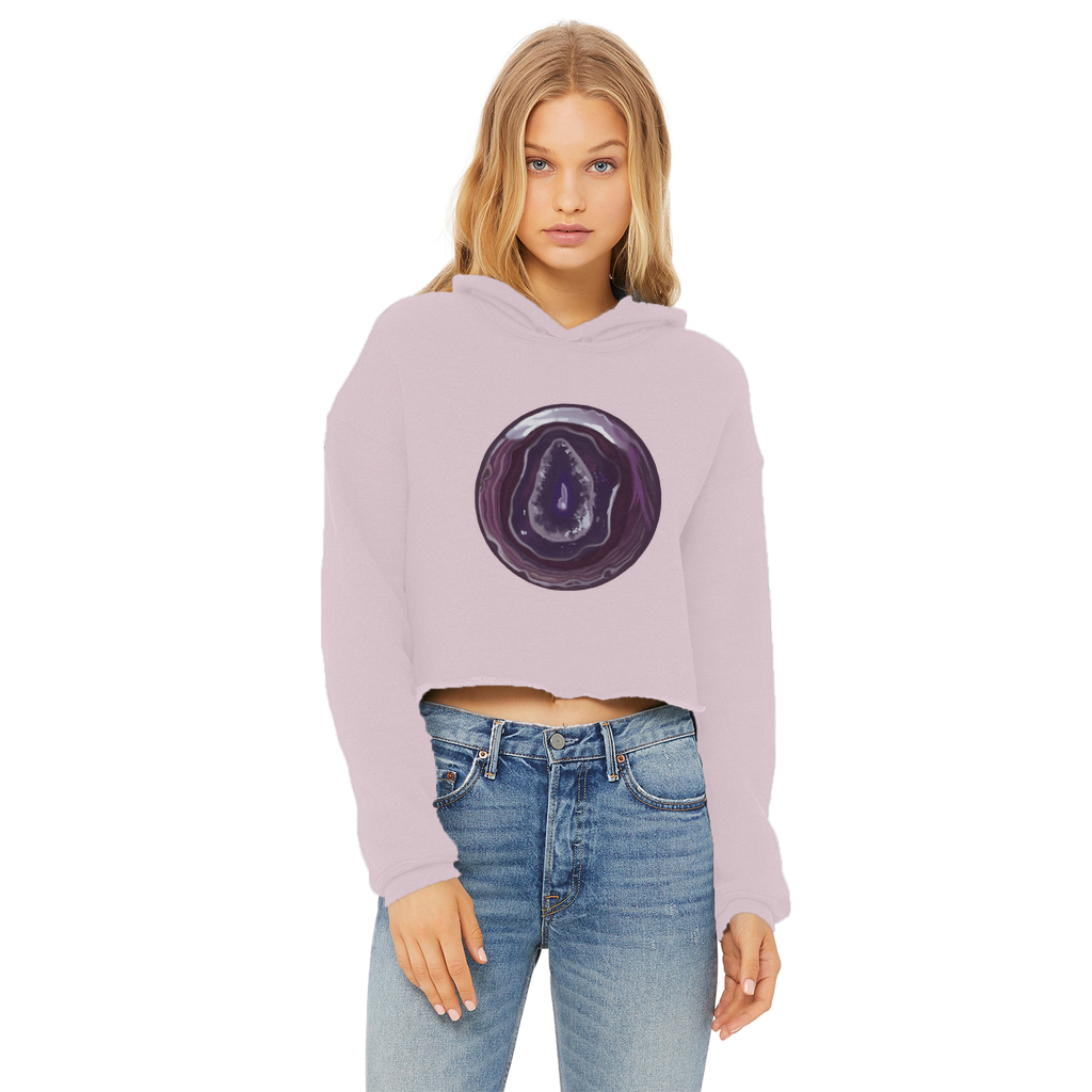 Purple Rock Ladies Cropped Raw Edge Hoodie featuring a stylish cropped design and raw edge hem, made from soft cotton faced fabric.