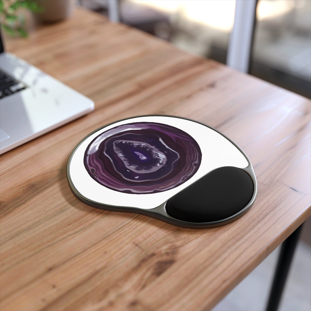 Purple Rock Mouse Pad featuring ergonomic Memory Foam wrist rest and customizable neoprene insert.