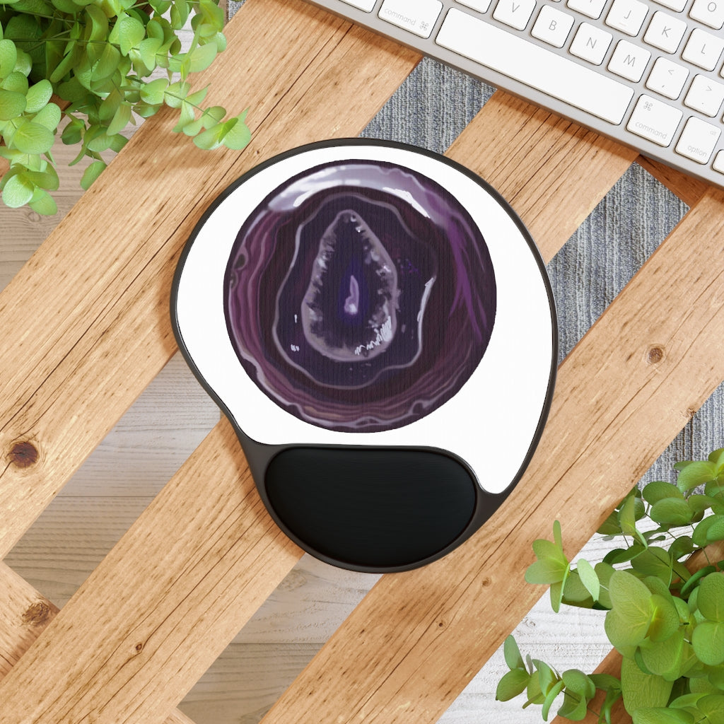 Purple Rock Mouse Pad featuring ergonomic Memory Foam wrist rest and customizable neoprene insert.