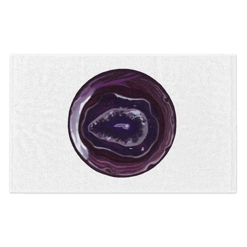 Purple Rock Rally Towel measuring 11x18 inches, featuring a soft cotton backing and vibrant printed polyester front.