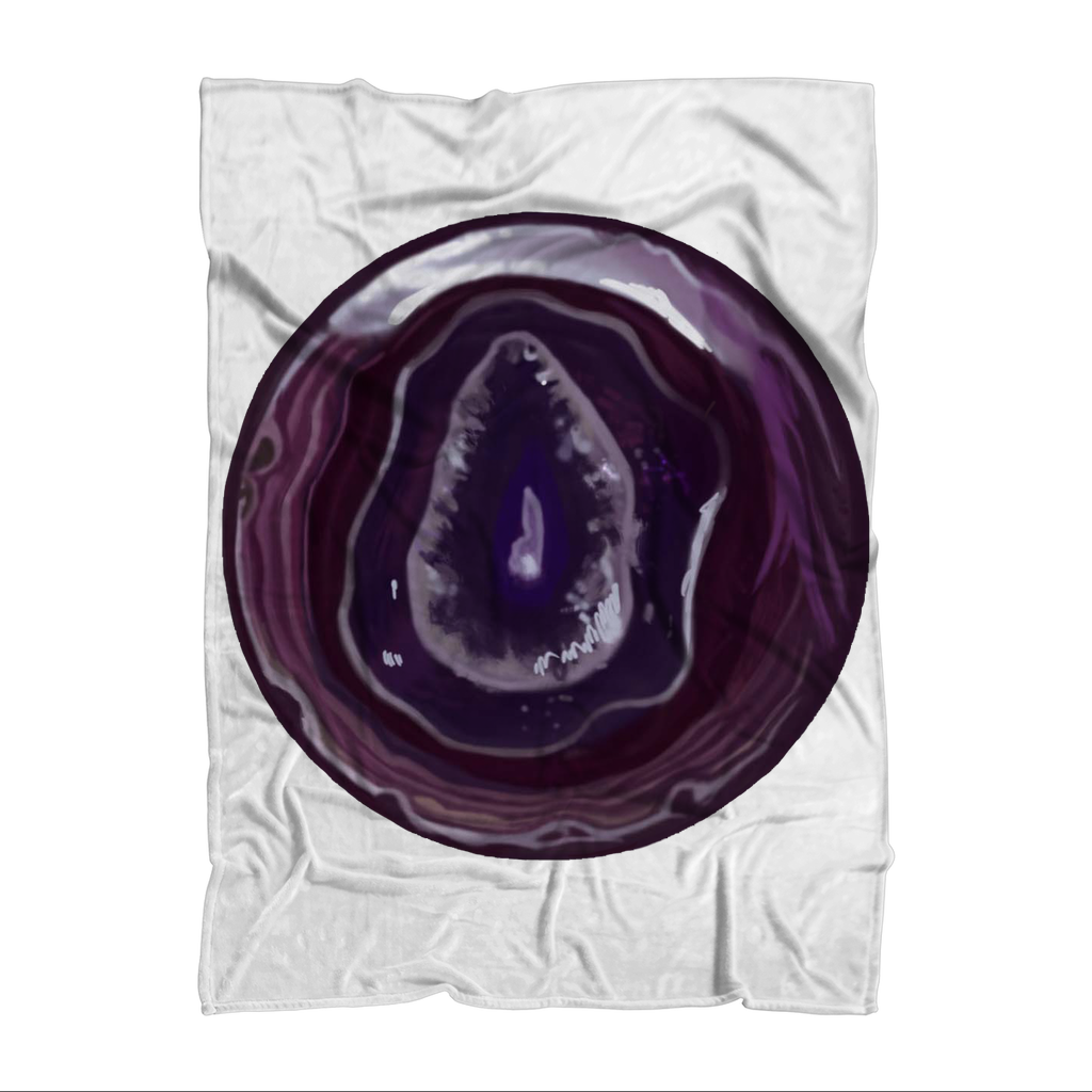 Purple Rock Sublimation Throw Blanket made of soft polyester fleece, featuring a vibrant purple rock design with a white back.