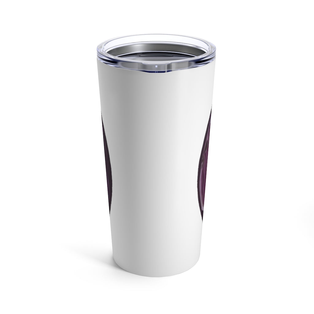 Purple Rock Tumbler 20oz made of stainless steel with a see-thru plastic lid, showcasing its vibrant color and sleek design.