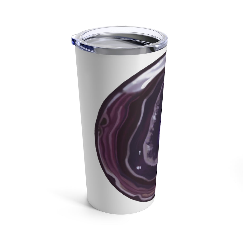 Purple Rock Tumbler 20oz made of stainless steel with a see-thru plastic lid, showcasing its vibrant color and sleek design.