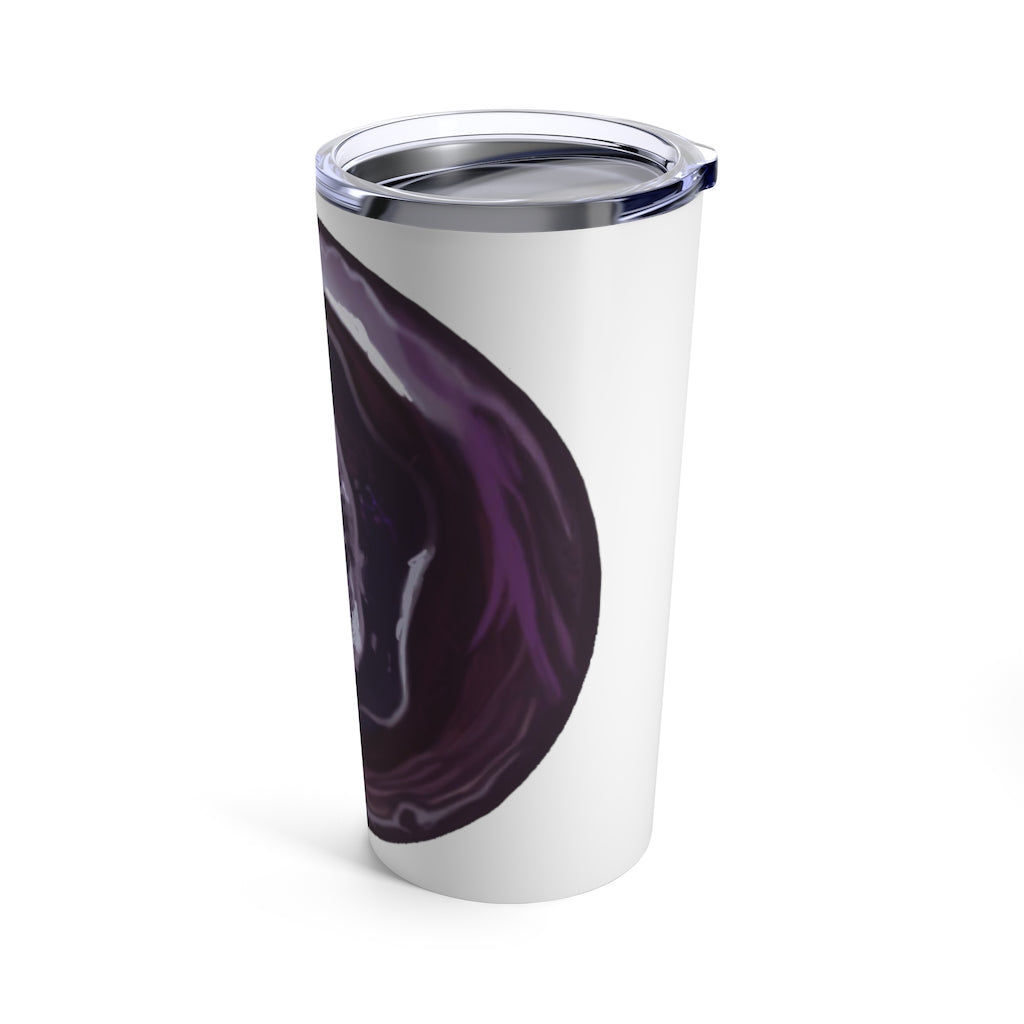 Purple Rock Tumbler 20oz made of stainless steel with a see-thru plastic lid, showcasing its vibrant color and sleek design.