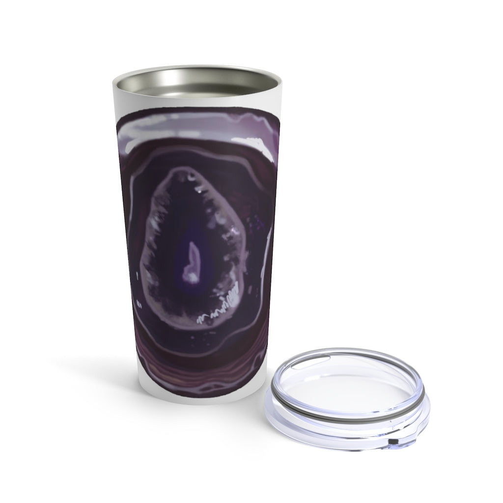 Purple Rock Tumbler 20oz made of stainless steel with a see-thru plastic lid, showcasing its vibrant color and sleek design.