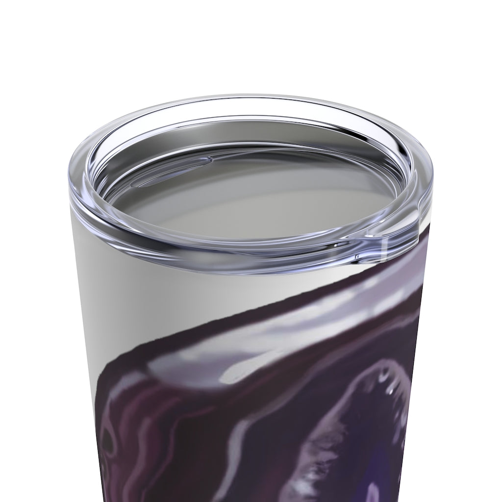 Purple Rock Tumbler 20oz made of stainless steel with a see-thru plastic lid, showcasing its vibrant color and sleek design.