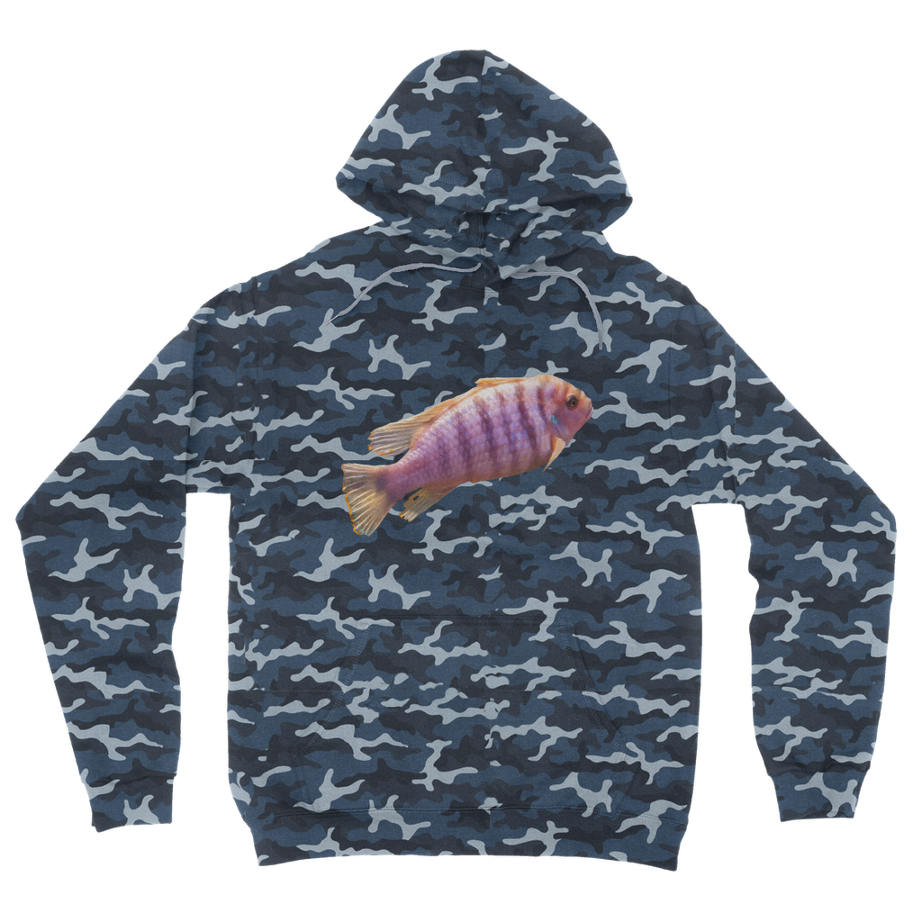 PurpleFish Camouflage Adult Hoodie featuring an all-over camo design, double fabric hood, and kangaroo pouch pocket.