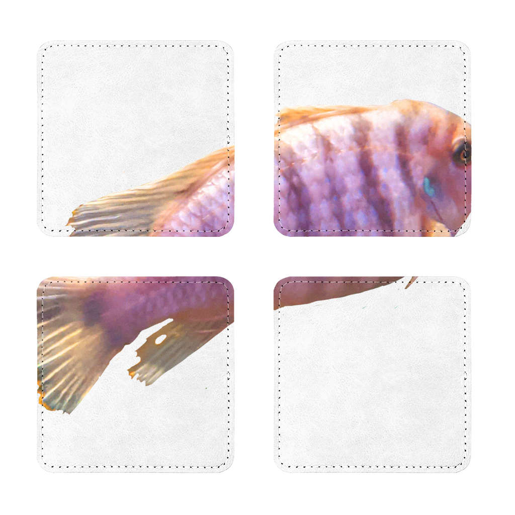 PurpleFish Sublimation Coasters Pack of Four in square and round shapes, made of heat-resistant PU leather with a white printable face.