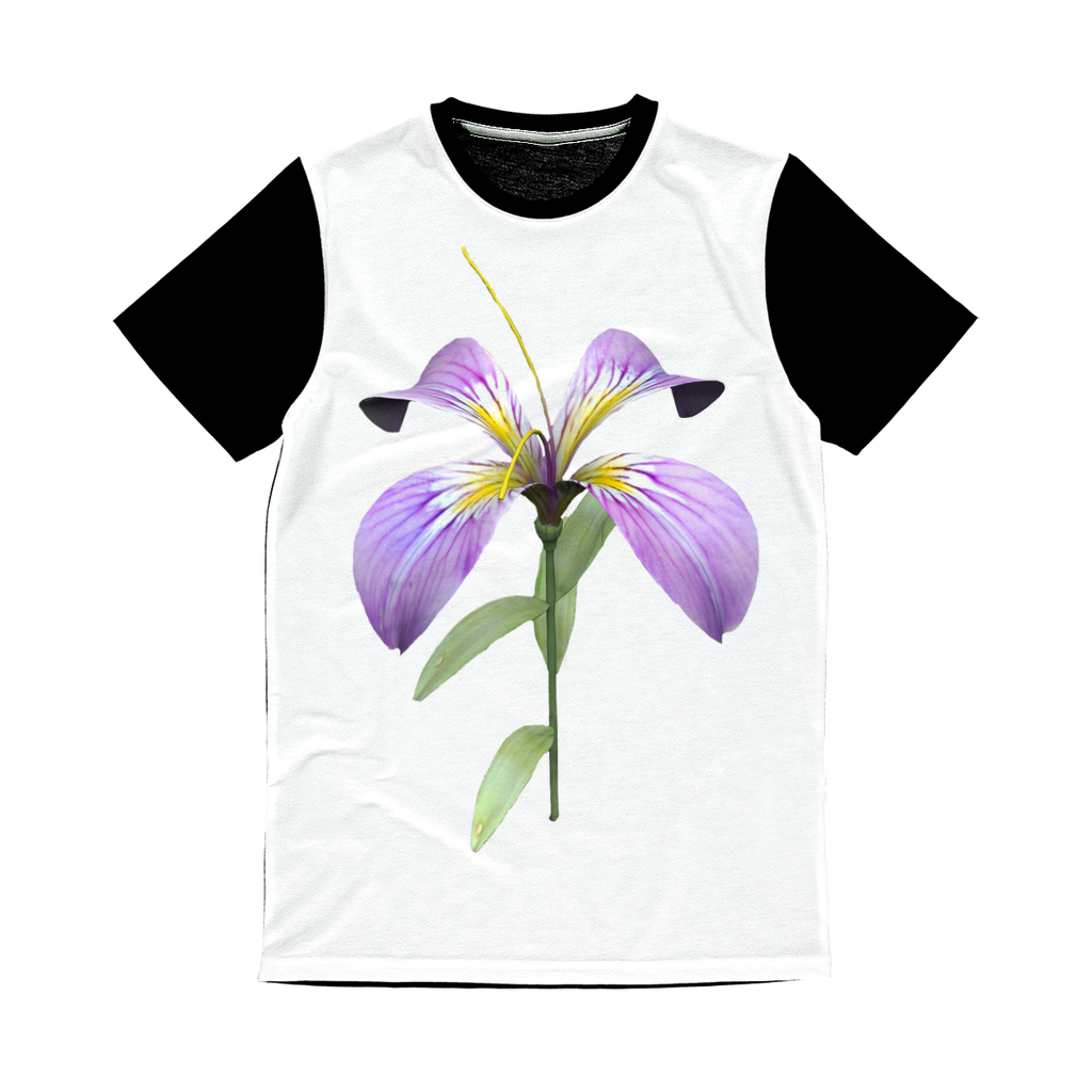 PurpleFlower Classic Sublimation Panel T-Shirt featuring a vibrant front design and a plain black back, ideal for custom printing.