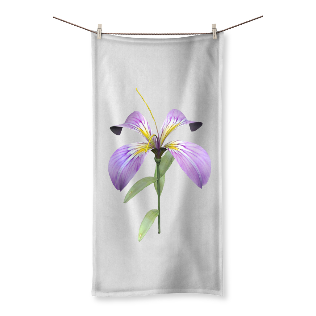 PurpleFlower Sublimation All Over Towel showcasing vibrant prints on one side and soft cotton backing on the other, ideal for beach and bath use.