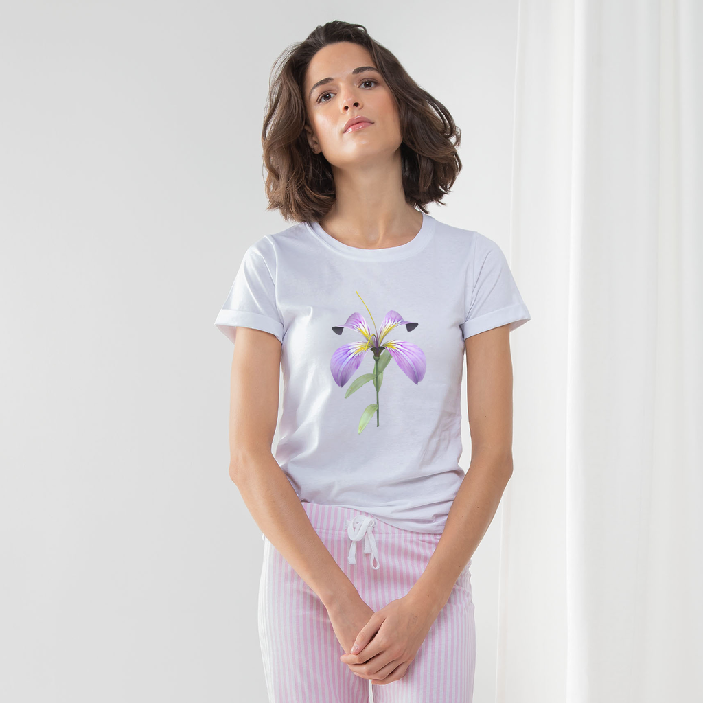 PurpleFlower Women's Long Pant Pyjama Set featuring a white t-shirt, striped pants, and matching drawcord bag, showcasing comfort and style.