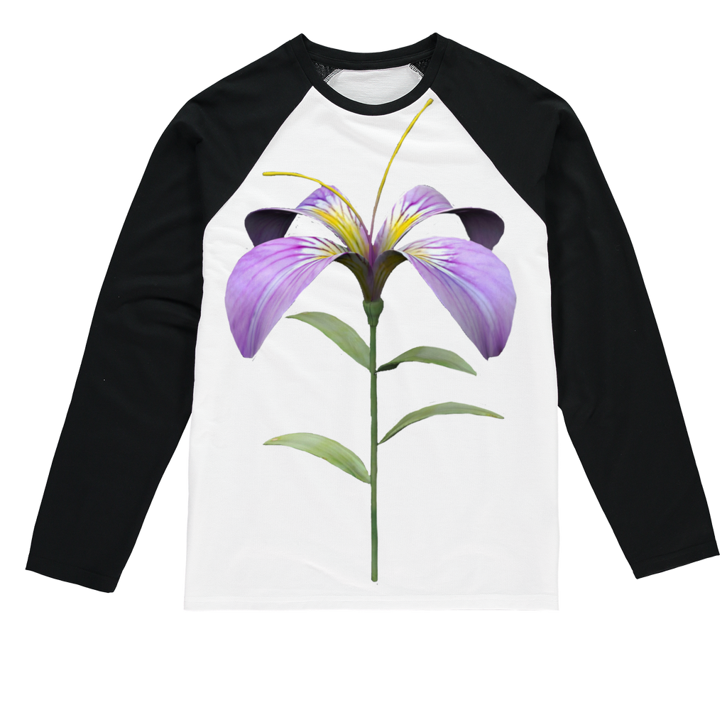 PurpleFlower2 Sublimation Baseball Long Sleeve T-Shirt featuring long sleeves, crew neck, and mixed fabric for comfort and durability.