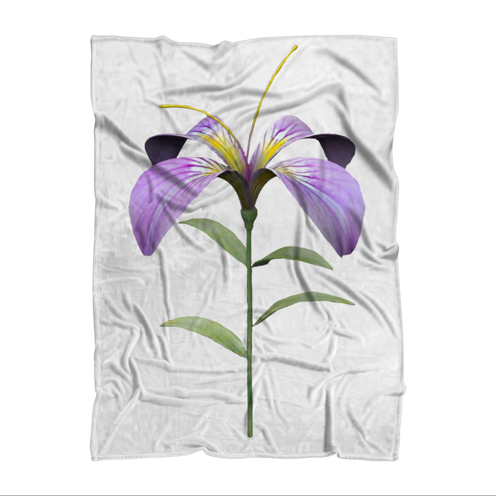 PurpleFlower2 Sublimation Throw Blanket made from 100% polyester fleece, featuring vibrant floral design and white backing.