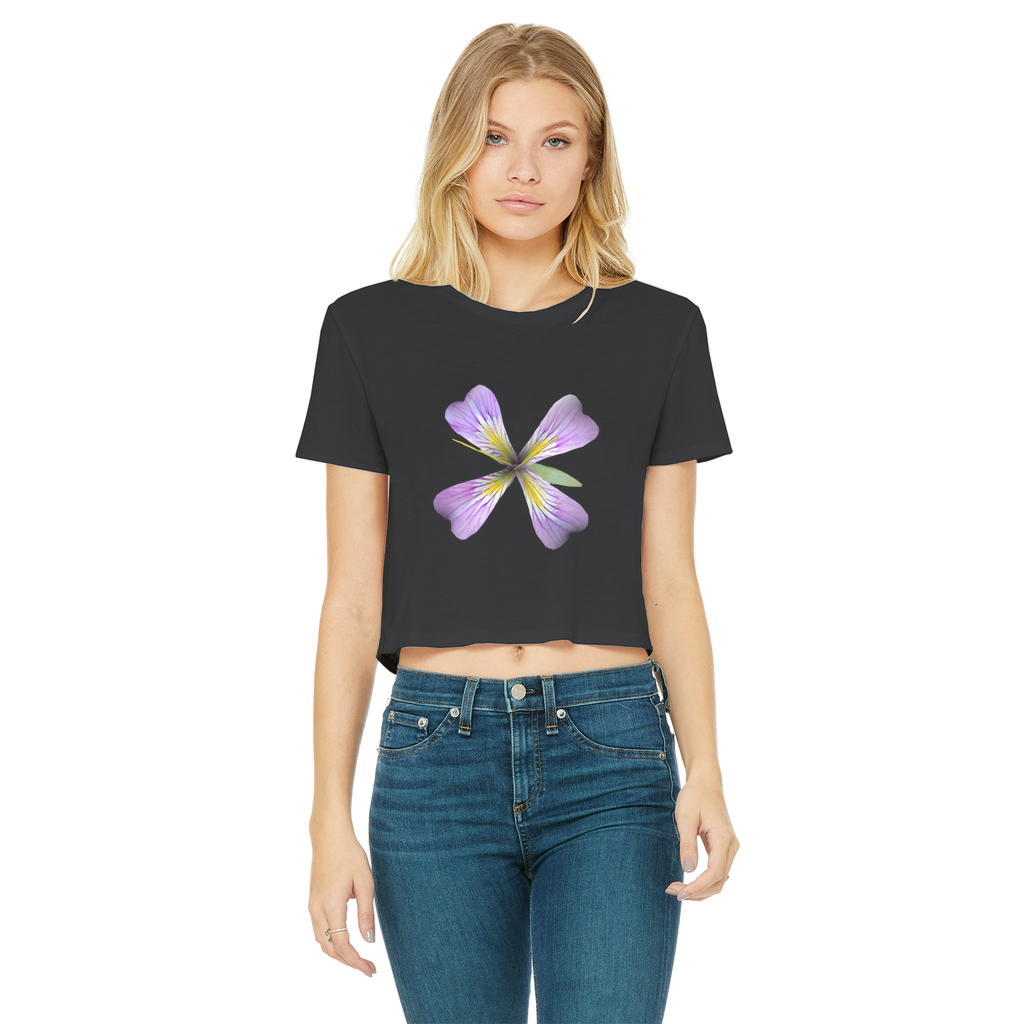 PurpleFlower3 Classic Women's Cropped Raw Edge T-Shirt featuring a round neck, short sleeves, and raw edge hem in a vibrant color.
