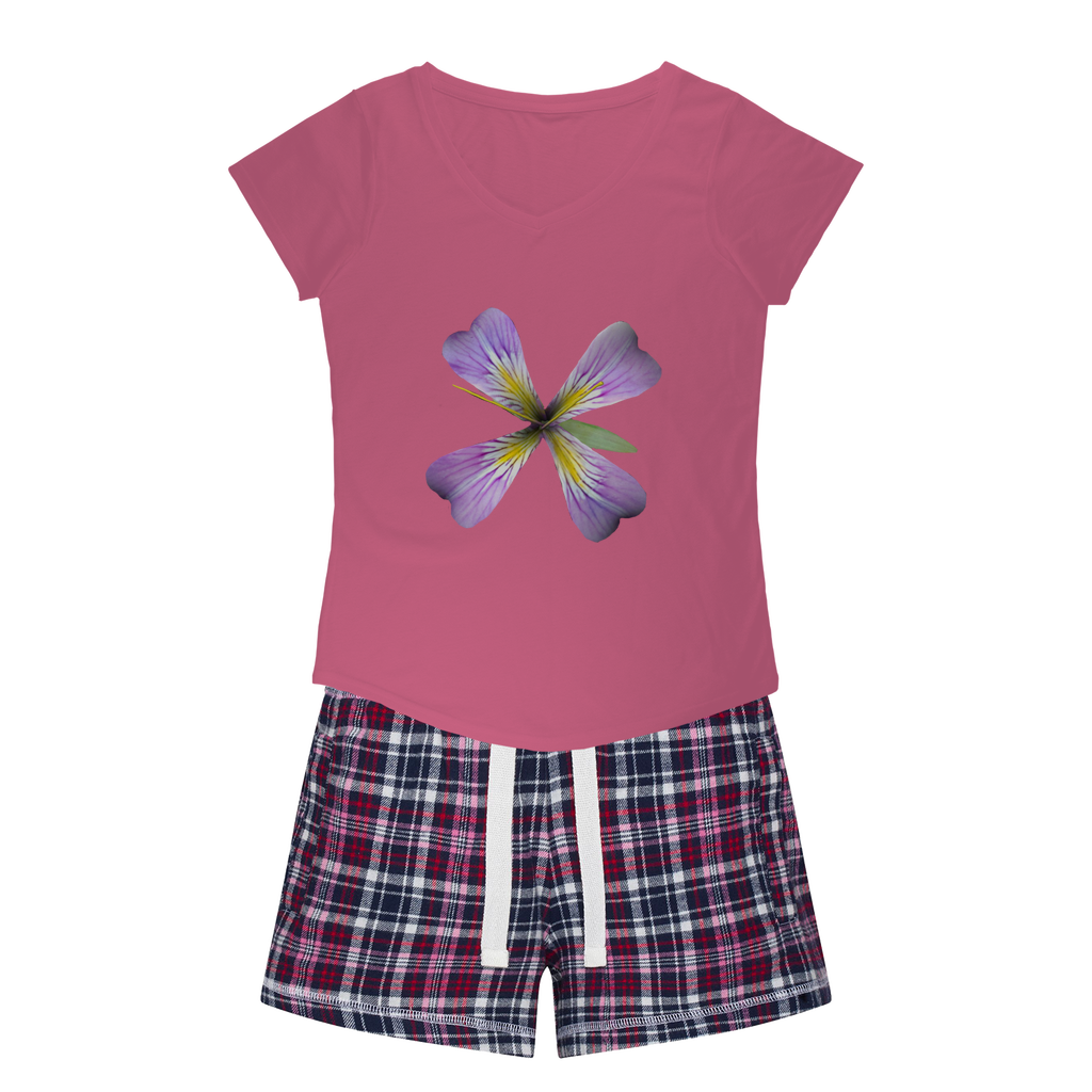 PurpleFlower3 Women's Sleepy Tee and Flannel Short set featuring a relaxed fit T-shirt and vibrant flannel shorts, perfect for cozy nights.
