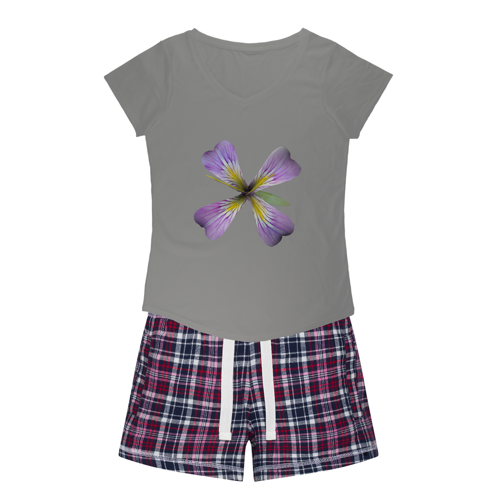 PurpleFlower3 Women's Sleepy Tee and Flannel Short set featuring a relaxed fit T-shirt and vibrant flannel shorts, perfect for cozy nights.