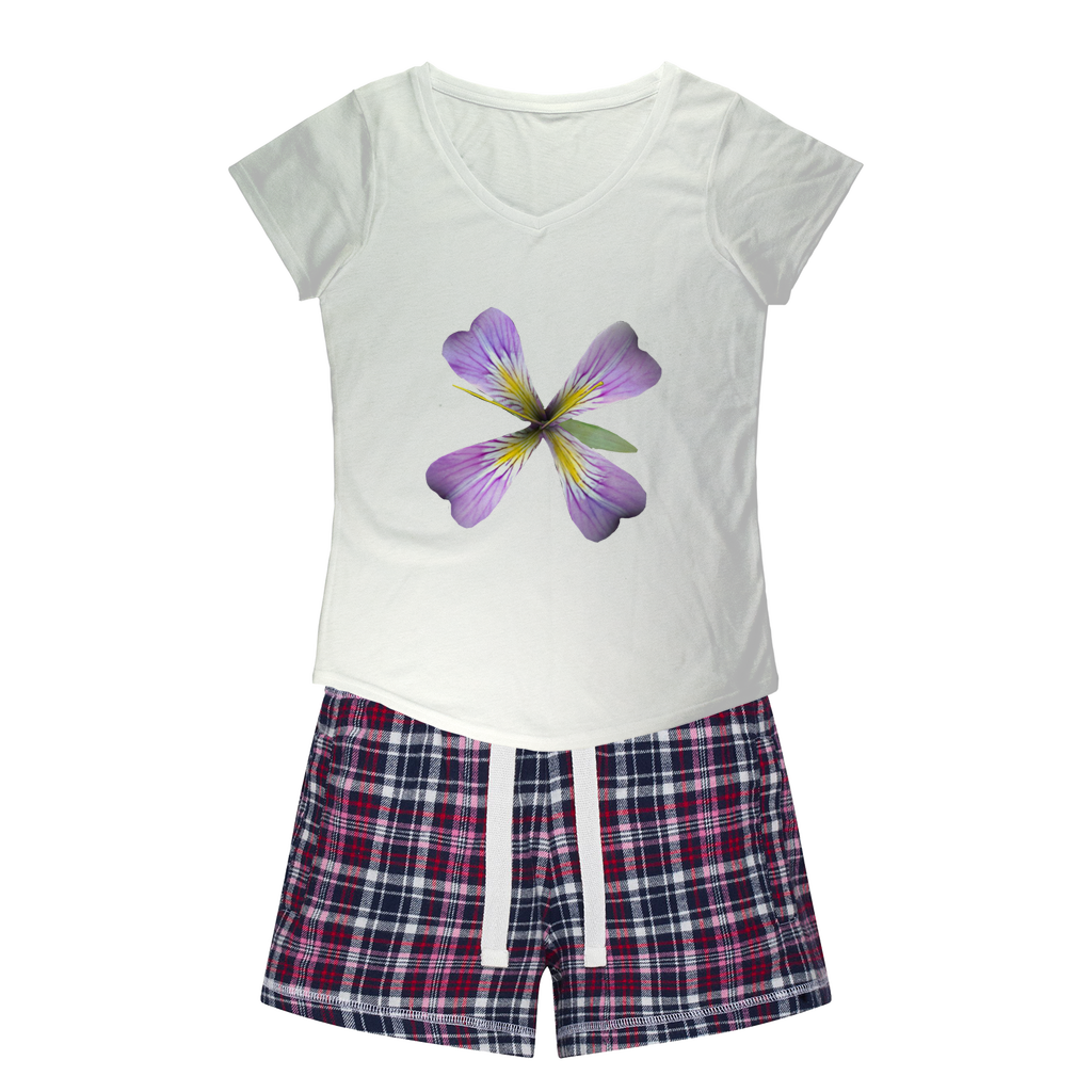 PurpleFlower3 Women's Sleepy Tee and Flannel Short set featuring a relaxed fit T-shirt and vibrant flannel shorts, perfect for cozy nights.
