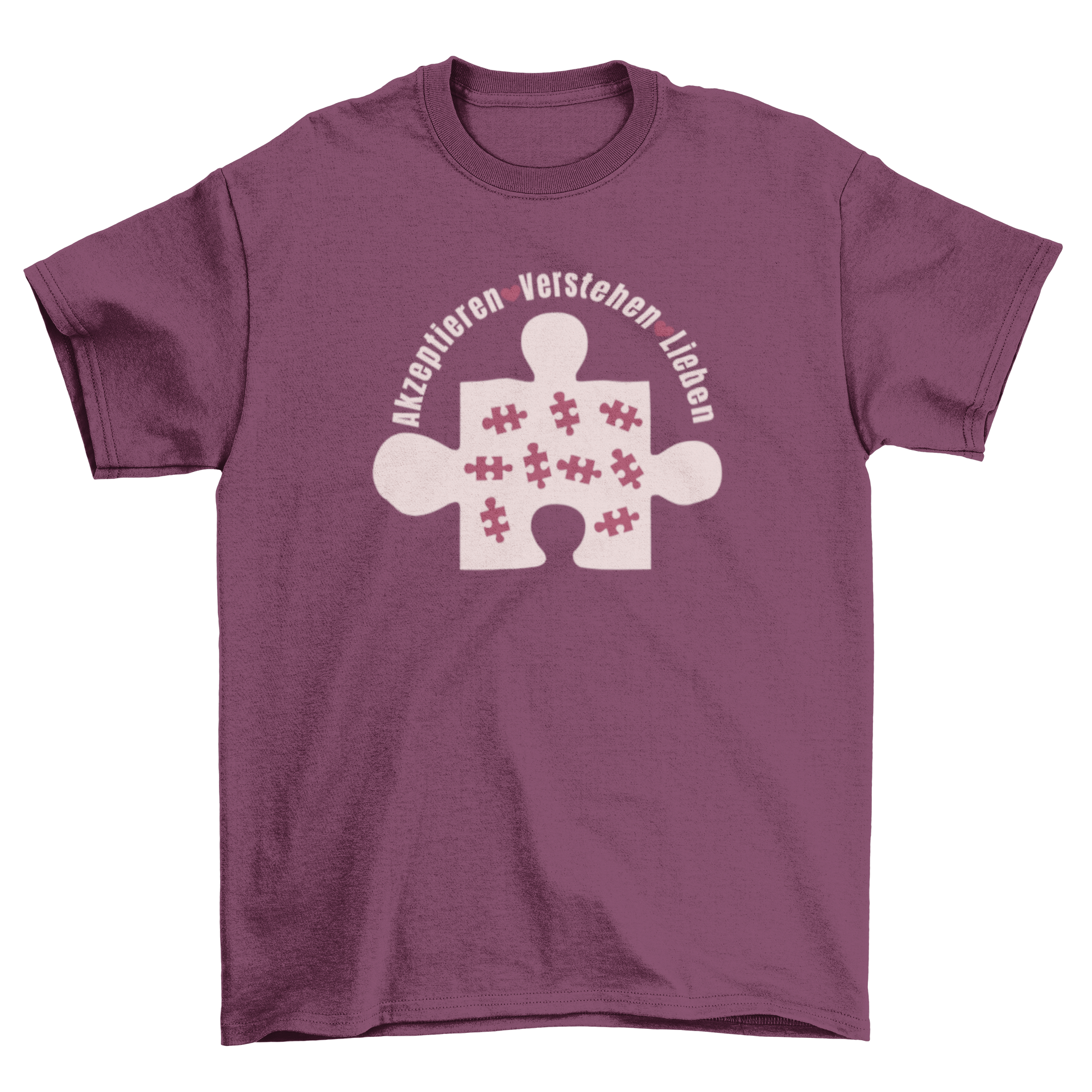 Puzzle piece autism t-shirt featuring hearts and a German quote, symbolizing love and awareness.