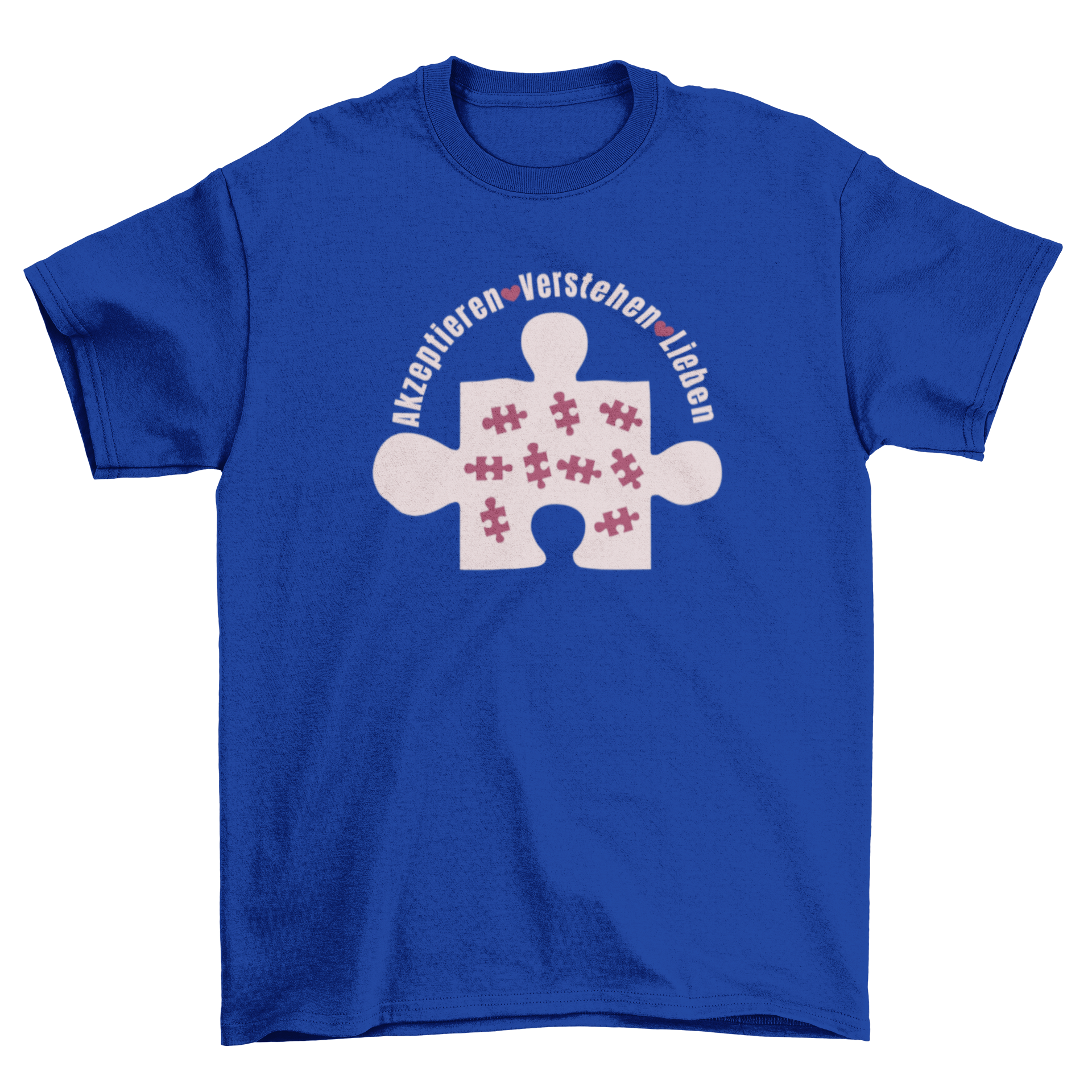 Puzzle piece autism t-shirt featuring hearts and a German quote, symbolizing love and awareness.