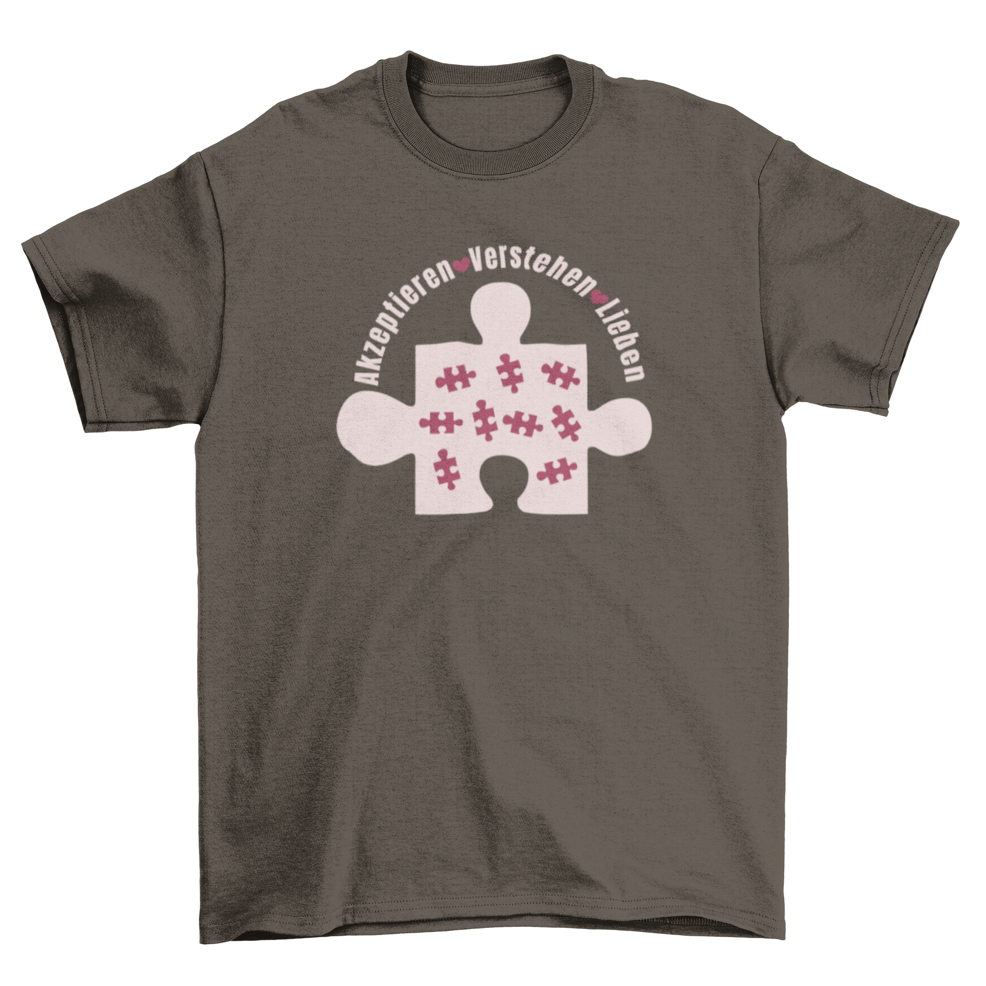 Puzzle piece autism t-shirt featuring hearts and a German quote, symbolizing love and awareness.