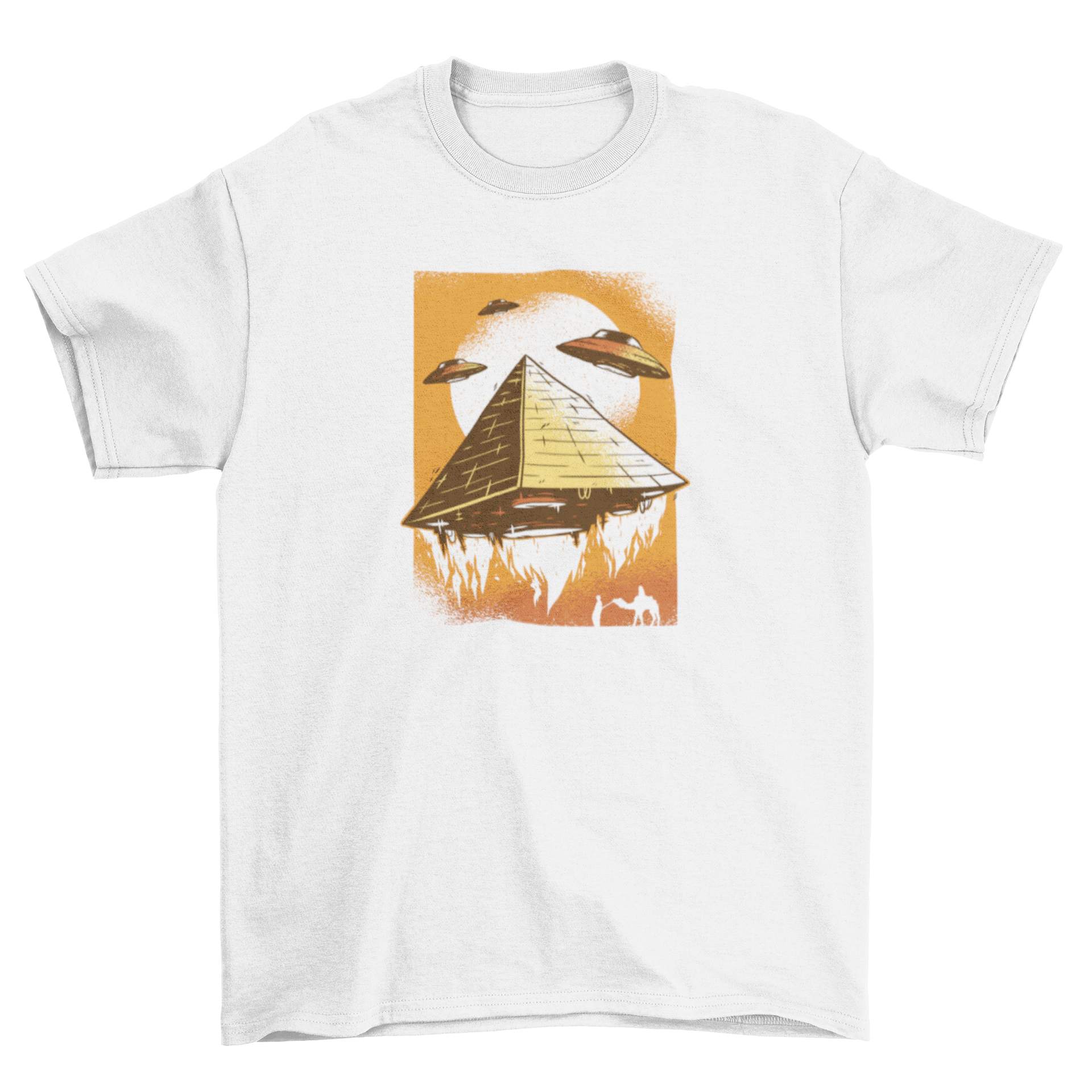 A cartoon t-shirt design featuring a pyramid lifting off with UFO saucers and a silhouette of a man riding a camel.
