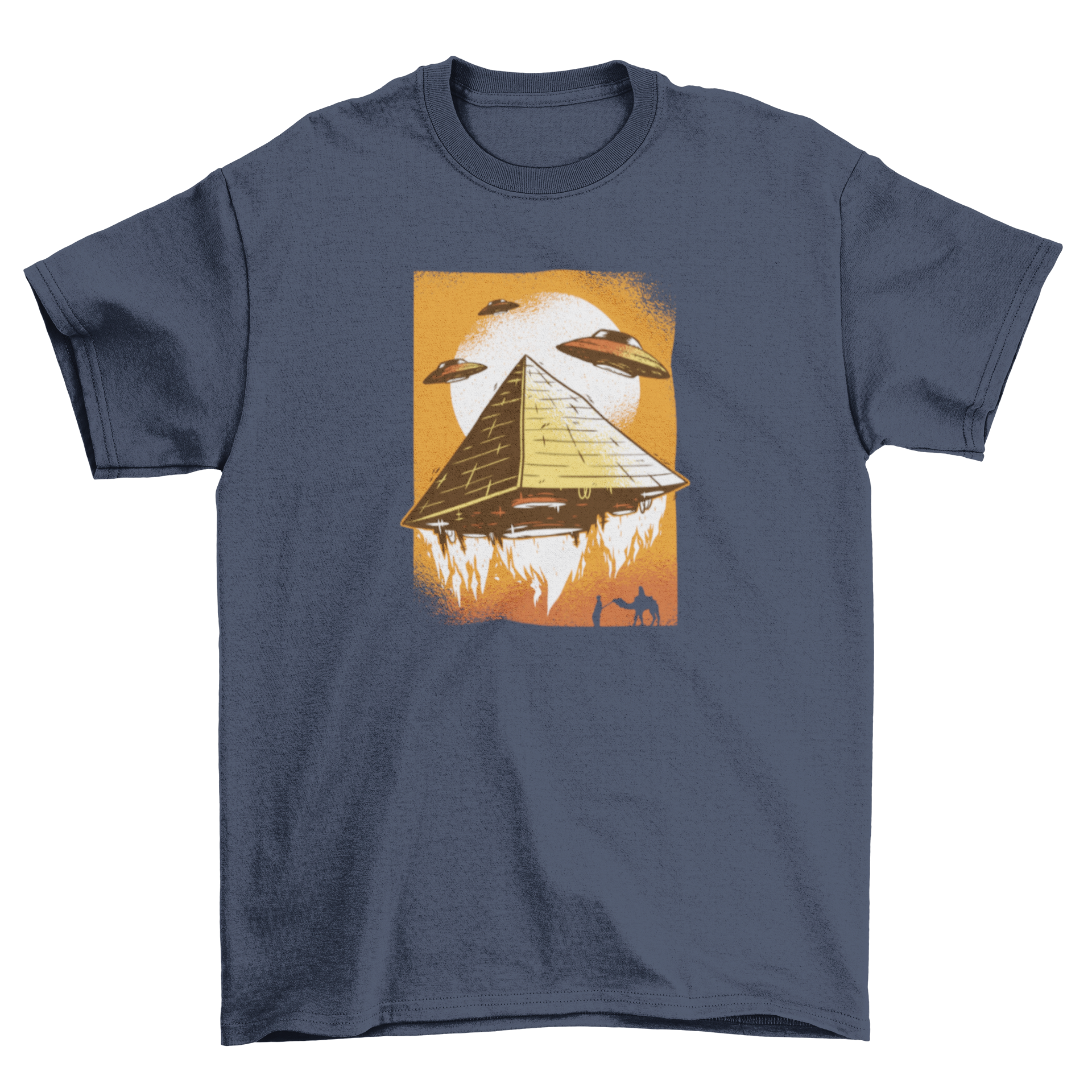 A cartoon t-shirt design featuring a pyramid lifting off with UFO saucers and a silhouette of a man riding a camel.